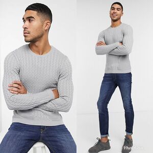 ASOS DESIGN muscle fit lightweight cable Crewneck Sweater in gray